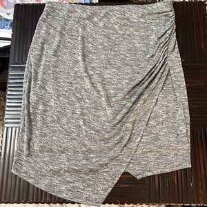 Gray faux wrap asymmetrical skirt with elastic waist, jersey material